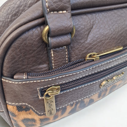 Cotton Road Handbag: COFFEE BROWN PU Leather Handbag with LEOPARD PRINT Panel