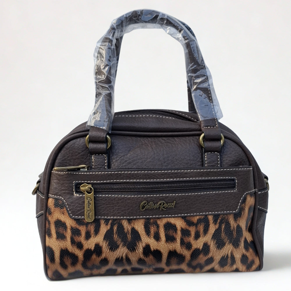 Cotton Road Handbag: COFFEE BROWN PU Leather Handbag with LEOPARD PRINT Panel