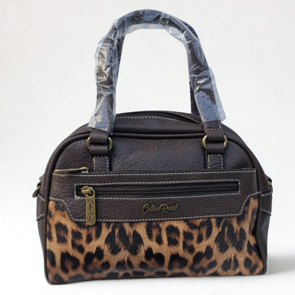 Cotton Road Handbag: COFFEE BROWN PU Leather Handbag with LEOPARD PRINT Panel
