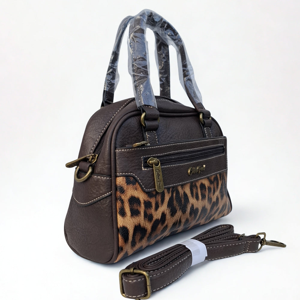 Cotton Road Handbag: COFFEE BROWN PU Leather Handbag with LEOPARD PRINT Panel