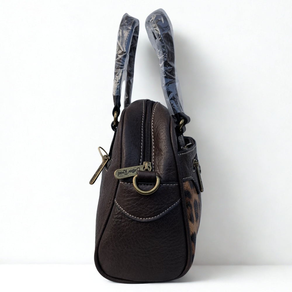 Cotton Road Handbag: COFFEE BROWN PU Leather Handbag with LEOPARD PRINT Panel