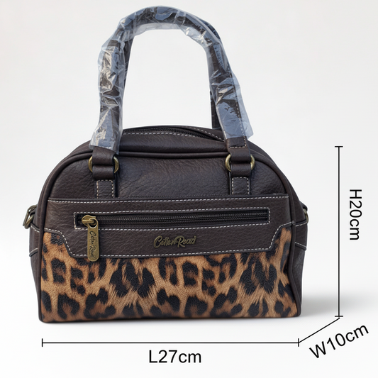 Cotton Road Handbag: COFFEE BROWN PU Leather Handbag with LEOPARD PRINT Panel
