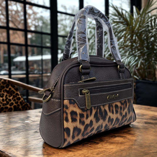 Cotton Road Handbag: COFFEE BROWN PU Leather Handbag with LEOPARD PRINT Panel