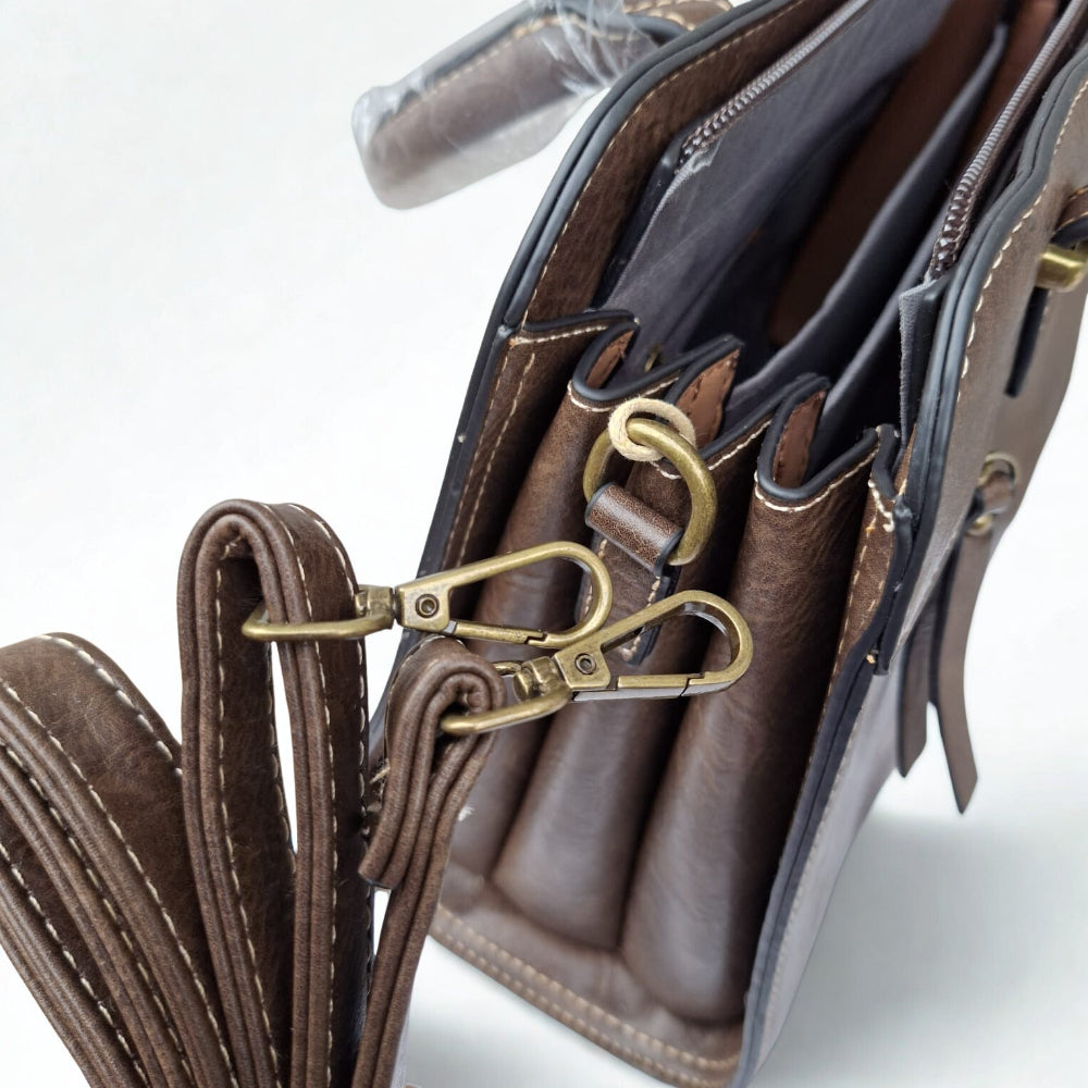 COTTON ROAD HANDBAG: COFFEE MEDIUM PU LEATHER CLASSIC HANDBAG WITH SLING