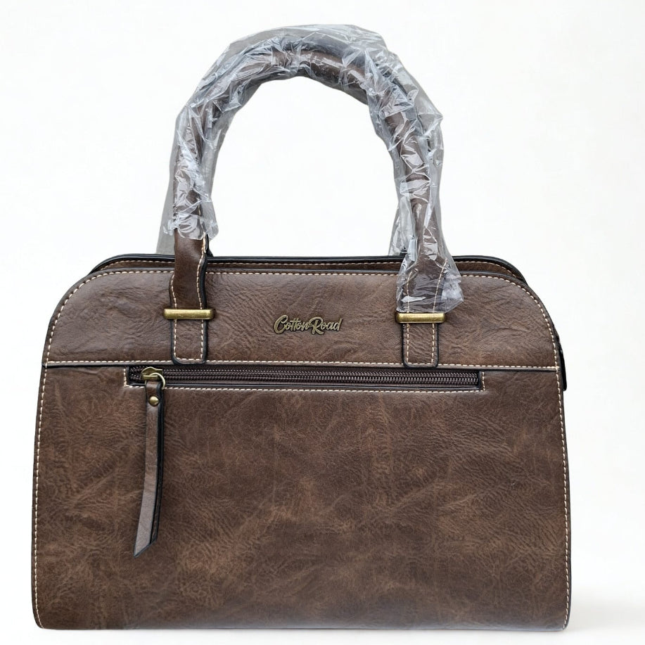 COTTON ROAD HANDBAG: COFFEE MEDIUM PU LEATHER CLASSIC HANDBAG WITH SLING