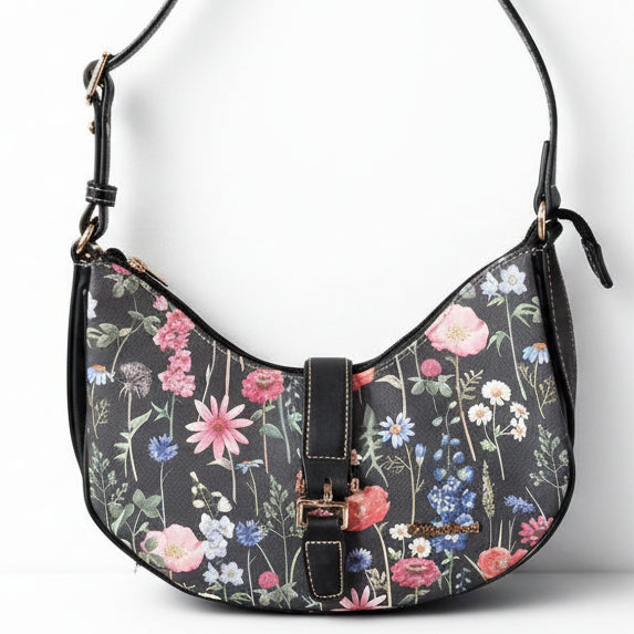 Cotton Road Handbag: Floral Small Black PU Leather handbag