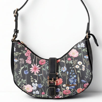 Cotton Road Handbag: Floral Small Black PU Leather handbag