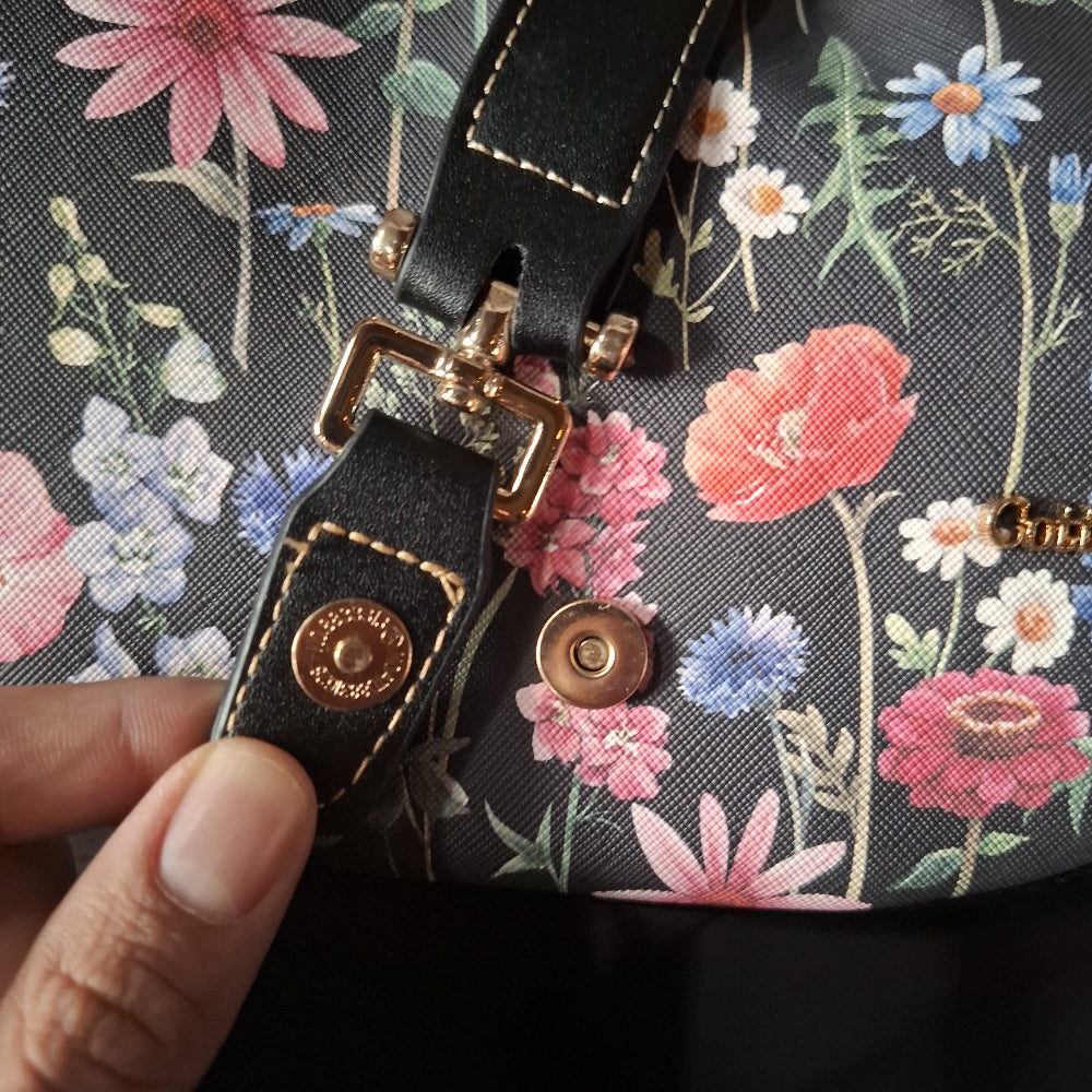 Cotton Road Handbag: Floral Small Black PU Leather handbag