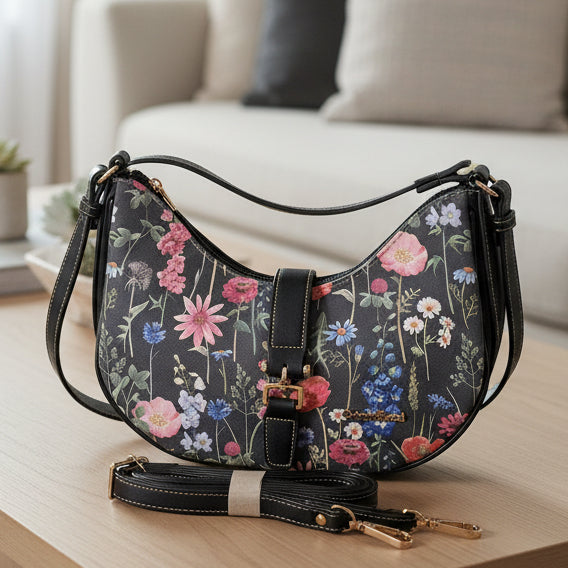 Cotton Road Handbag: Floral Small Black PU Leather handbag