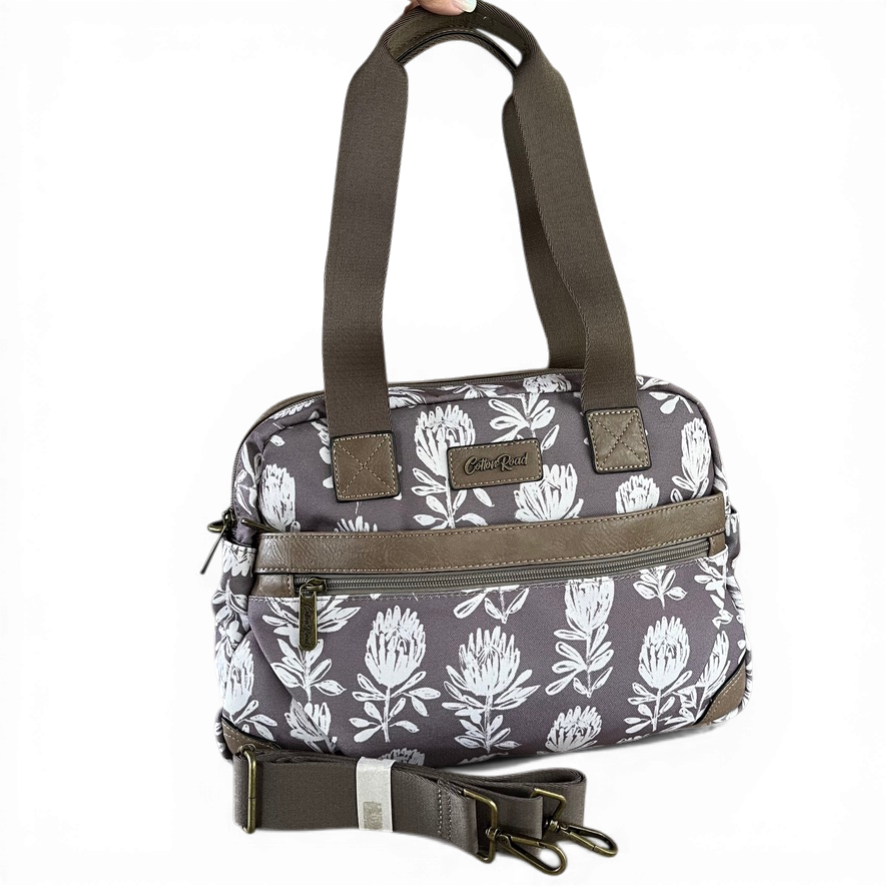 Cotton Road Handbag: KHAKI/BROWN Canvas with PU Leather Trim and PROTEA Print