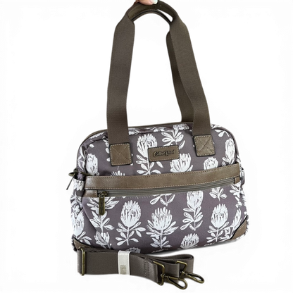Cotton Road Handbag: KHAKI/BROWN Canvas with PU Leather Trim and PROTEA Print