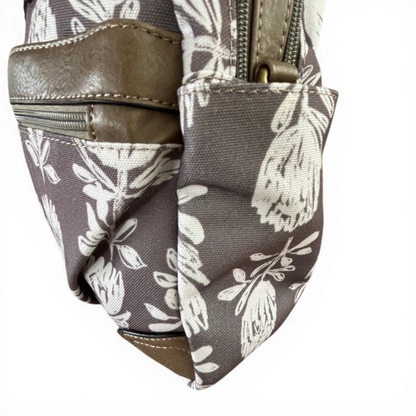 Cotton Road Handbag: KHAKI/BROWN Canvas with PU Leather Trim and PROTEA Print