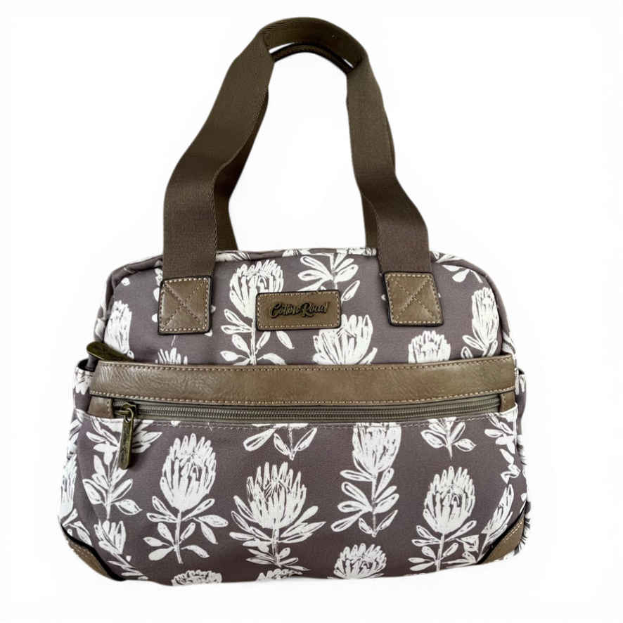 Cotton Road Handbag: KHAKI/BROWN Canvas with PU Leather Trim and PROTEA Print