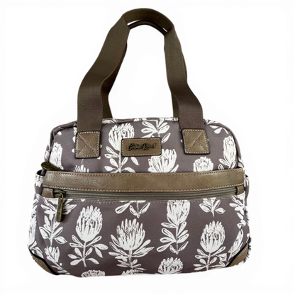 Cotton Road Handbag: KHAKI/BROWN Canvas with PU Leather Trim and PROTEA Print