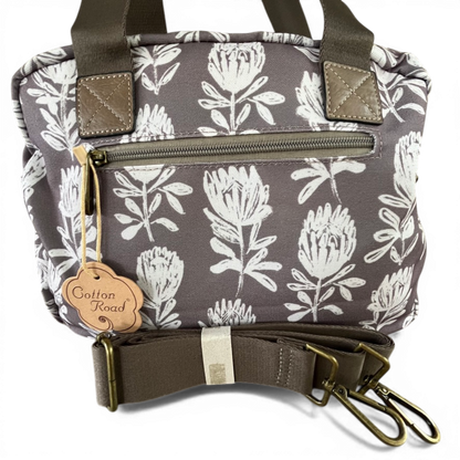 Cotton Road Handbag: KHAKI/BROWN Canvas with PU Leather Trim and PROTEA Print