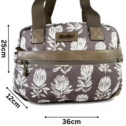 Cotton Road Handbag: KHAKI/BROWN Canvas with PU Leather Trim and PROTEA Print