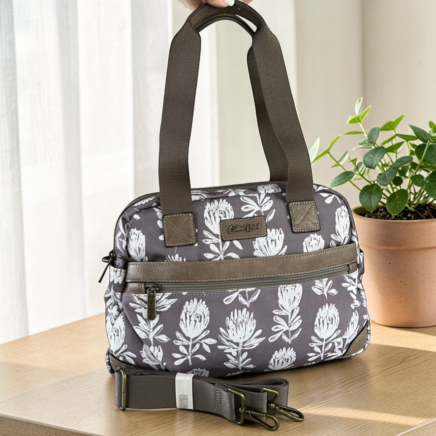 Cotton Road Handbag: KHAKI/BROWN Canvas with PU Leather Trim and PROTEA Print