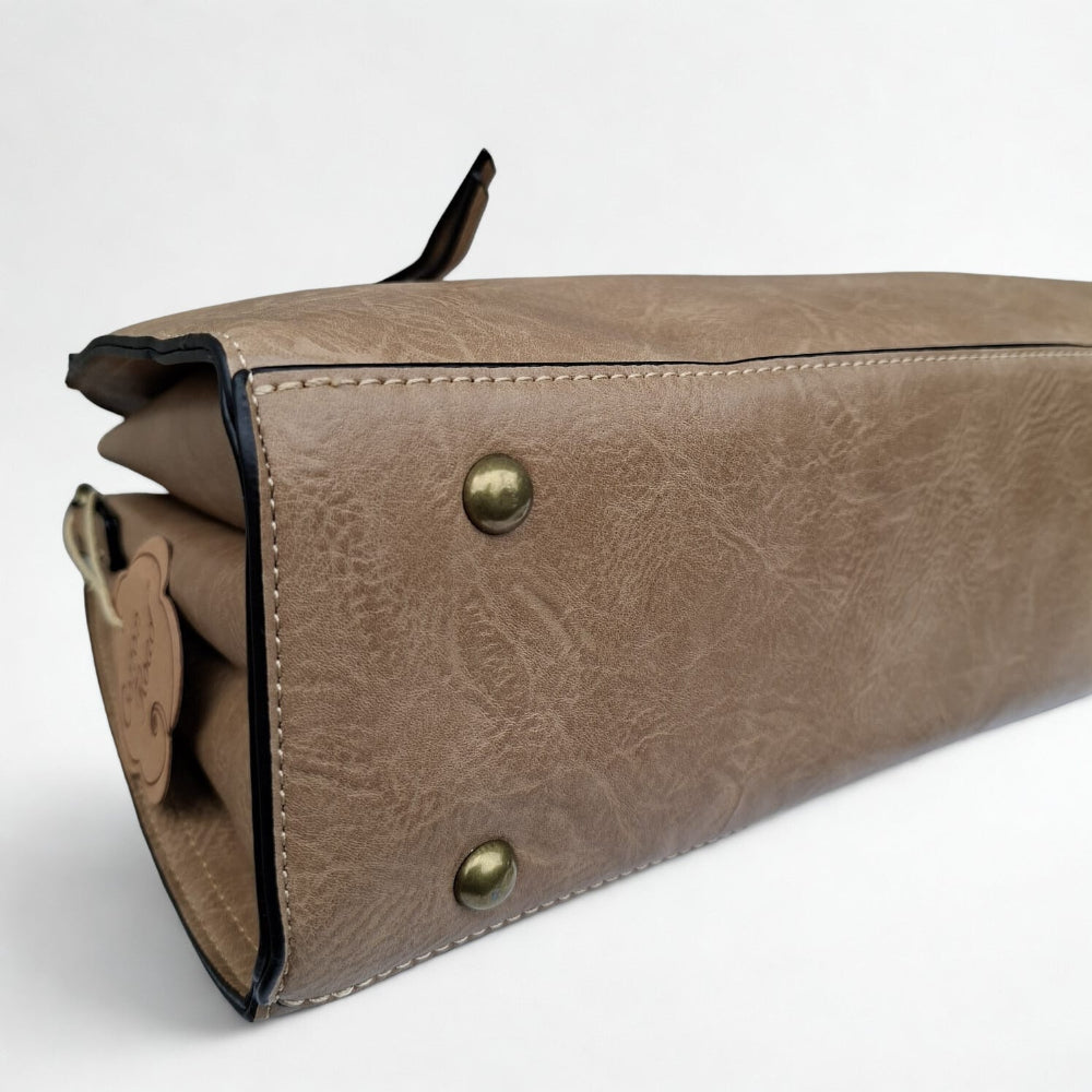 COTTON ROAD HANDBAG: KHAKI MEDIUM PU LEATHER CLASSIC HANDBAG WITH SLING