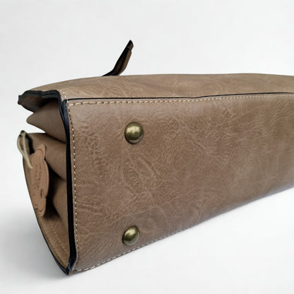 COTTON ROAD HANDBAG: KHAKI MEDIUM PU LEATHER CLASSIC HANDBAG WITH SLING