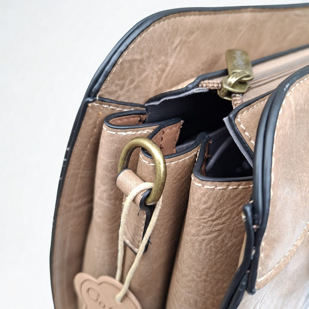 COTTON ROAD HANDBAG: KHAKI MEDIUM PU LEATHER CLASSIC HANDBAG WITH SLING