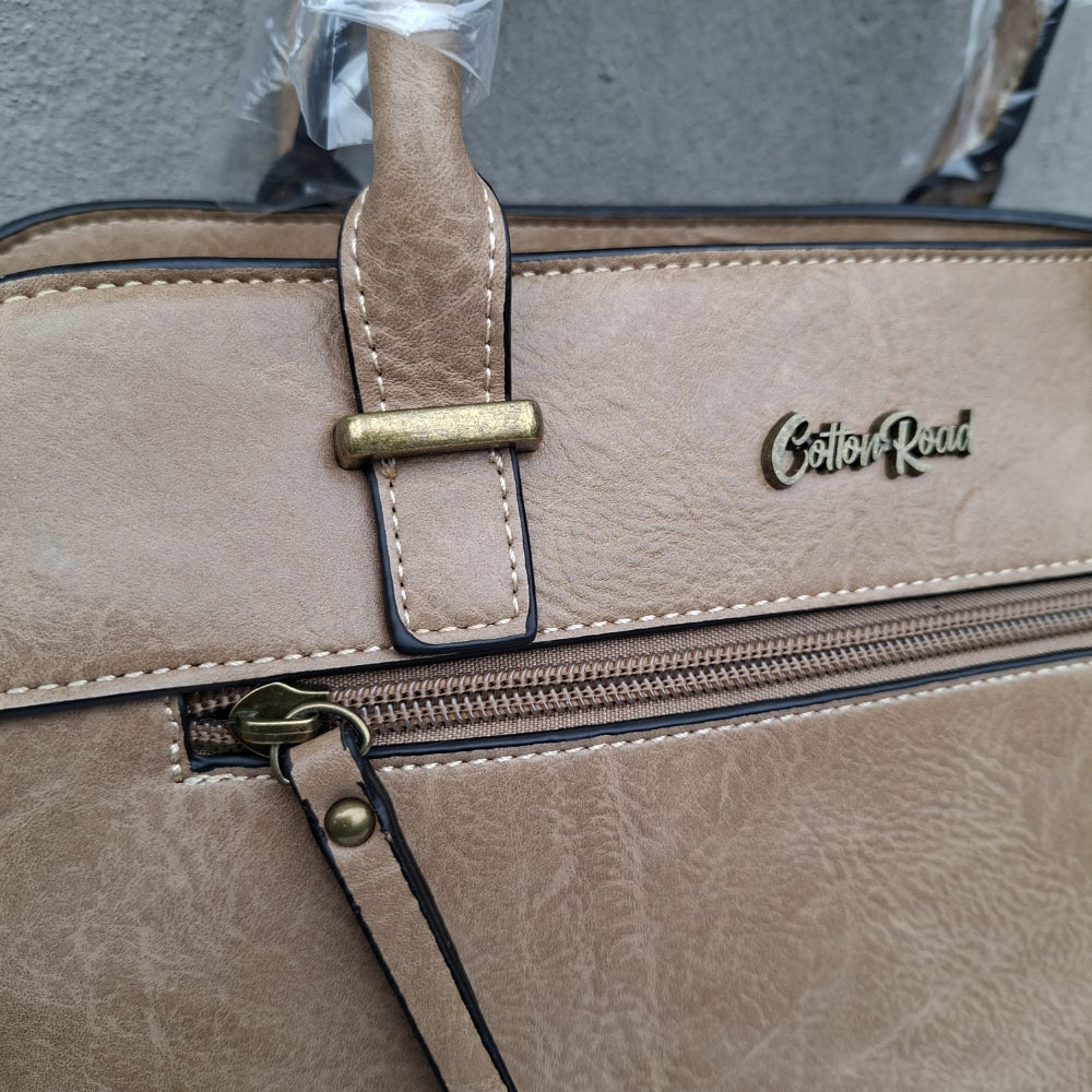 COTTON ROAD HANDBAG: KHAKI MEDIUM PU LEATHER CLASSIC HANDBAG WITH SLING