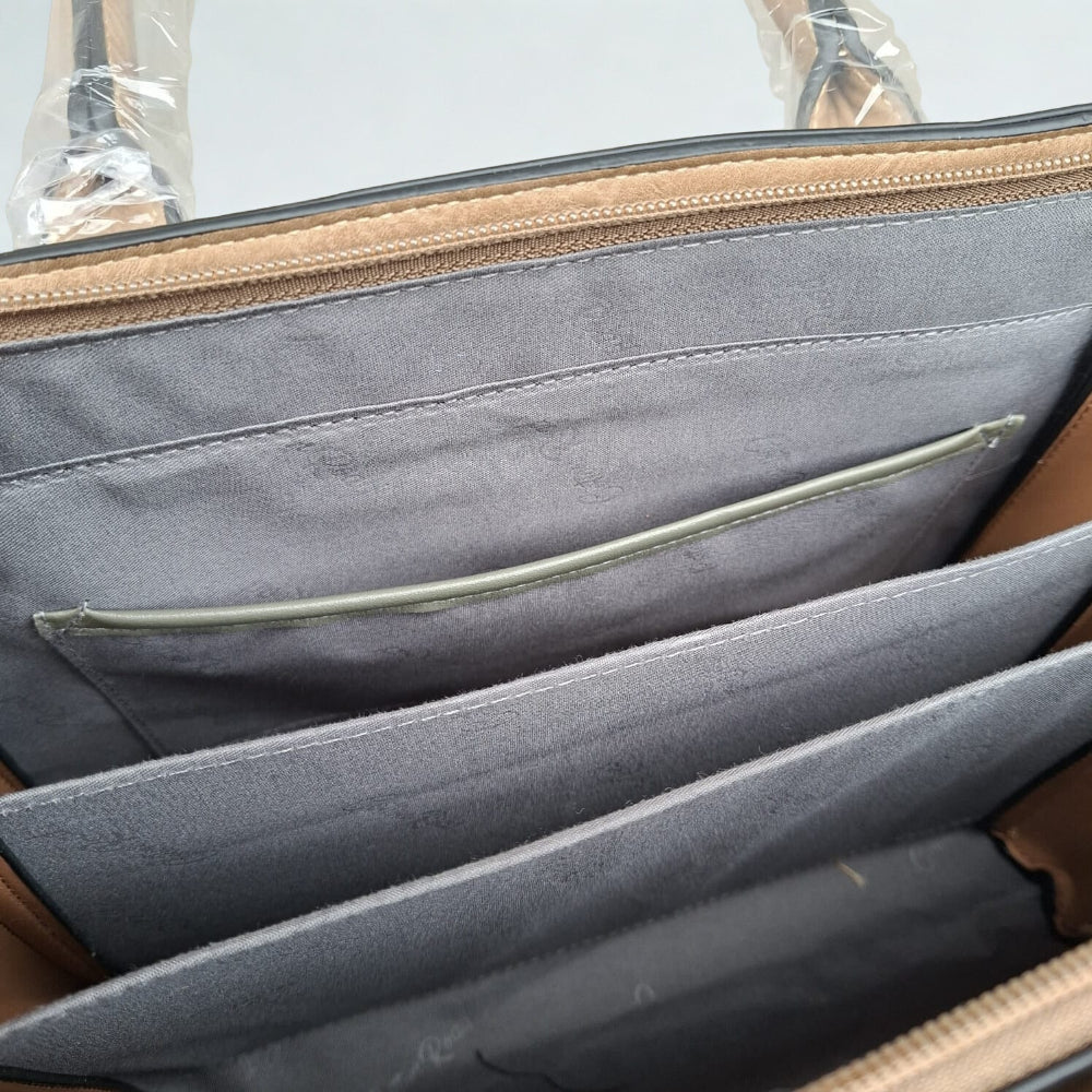 COTTON ROAD HANDBAG: KHAKI MEDIUM PU LEATHER CLASSIC HANDBAG WITH SLING