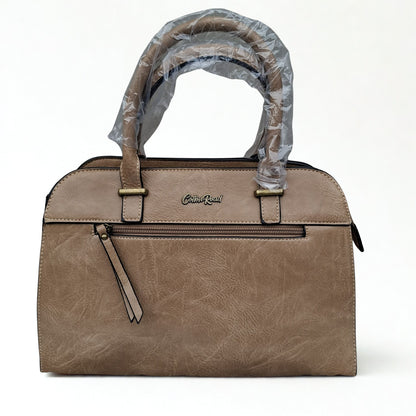 COTTON ROAD HANDBAG: KHAKI MEDIUM PU LEATHER CLASSIC HANDBAG WITH SLING