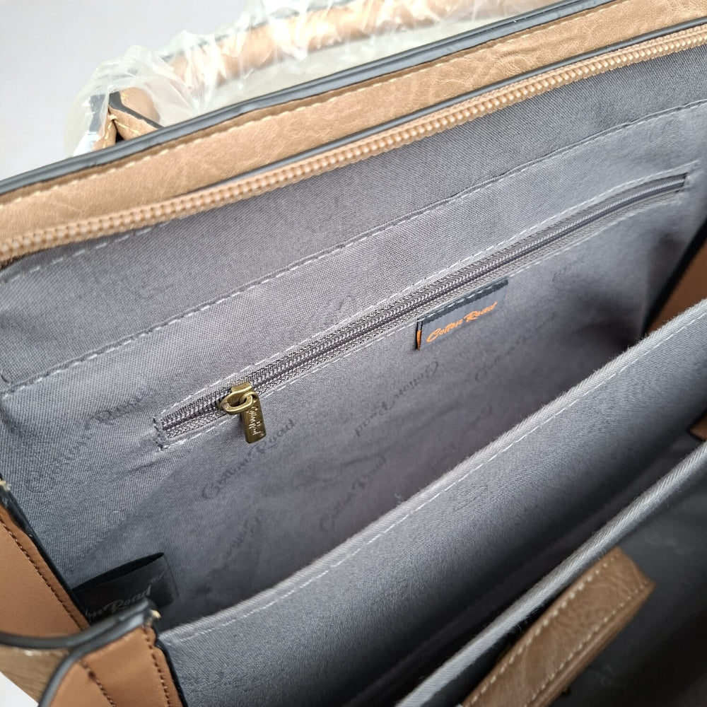 COTTON ROAD HANDBAG: KHAKI MEDIUM PU LEATHER CLASSIC HANDBAG WITH SLING