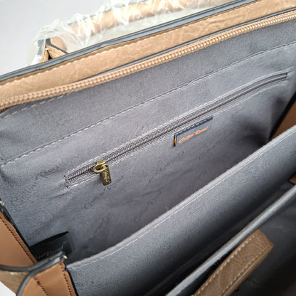 COTTON ROAD HANDBAG: KHAKI MEDIUM PU LEATHER CLASSIC HANDBAG WITH SLING