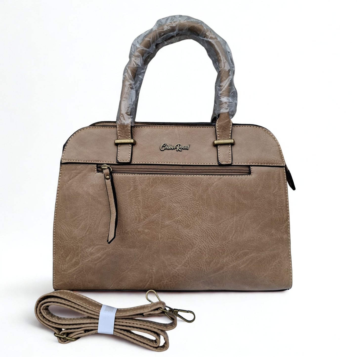 COTTON ROAD HANDBAG: KHAKI MEDIUM PU LEATHER CLASSIC HANDBAG WITH SLING