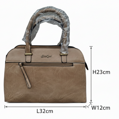 COTTON ROAD HANDBAG: KHAKI MEDIUM PU LEATHER CLASSIC HANDBAG WITH SLING