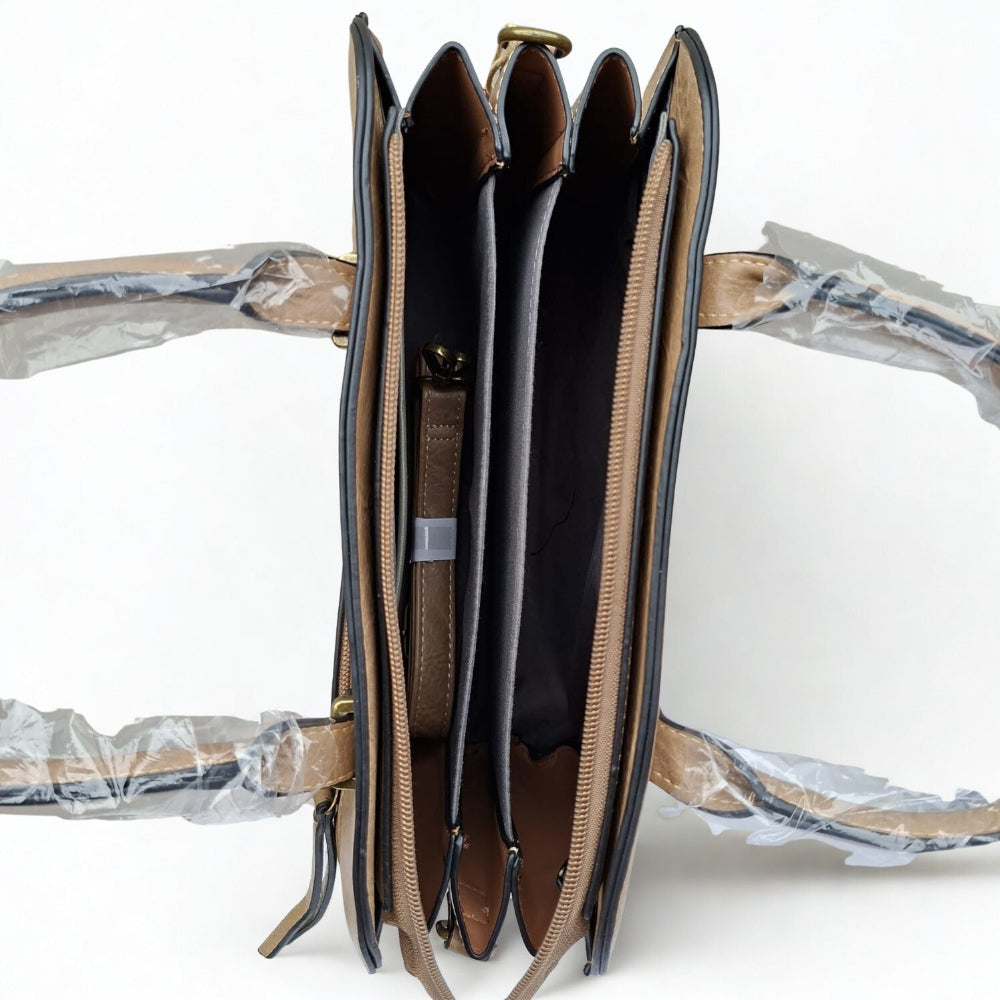 COTTON ROAD HANDBAG: KHAKI MEDIUM PU LEATHER CLASSIC HANDBAG WITH SLING