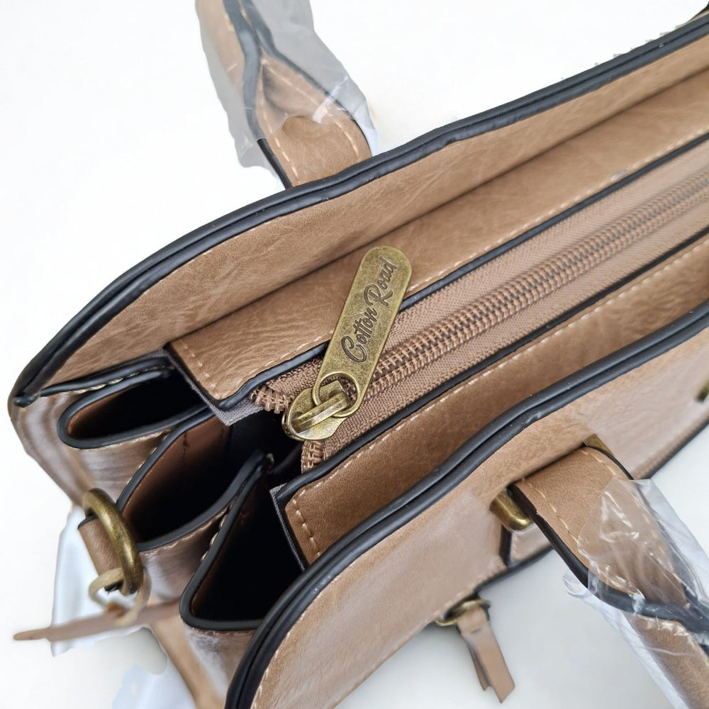COTTON ROAD HANDBAG: KHAKI MEDIUM PU LEATHER CLASSIC HANDBAG WITH SLING