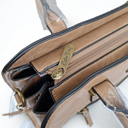 COTTON ROAD HANDBAG: KHAKI MEDIUM PU LEATHER CLASSIC HANDBAG WITH SLING