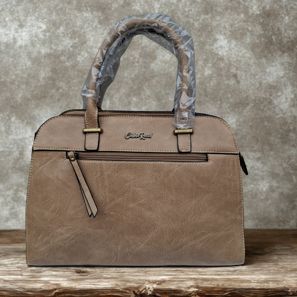 COTTON ROAD HANDBAG: KHAKI MEDIUM PU LEATHER CLASSIC HANDBAG WITH SLING