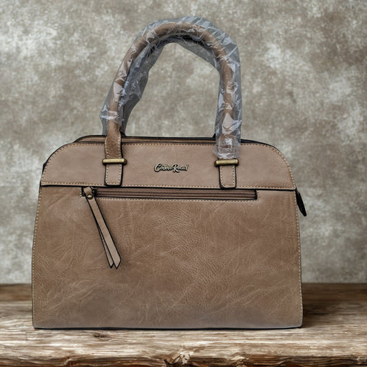 COTTON ROAD HANDBAG: KHAKI MEDIUM PU LEATHER CLASSIC HANDBAG WITH SLING