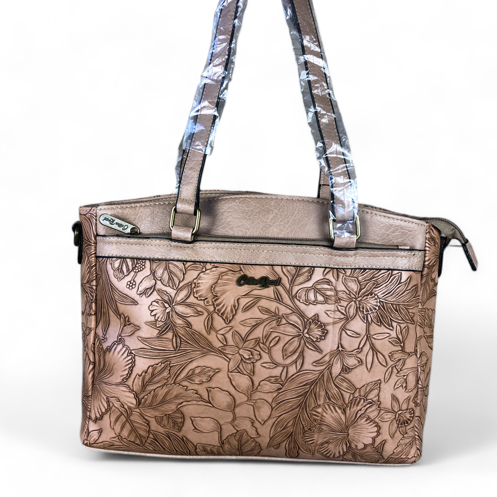 KHAKI PU Leather Cotton Road Handbag with EMBOSSED FLOWERS