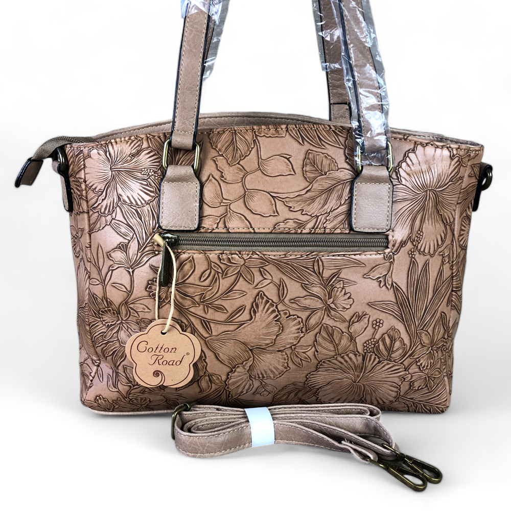 KHAKI PU Leather Cotton Road Handbag with EMBOSSED FLOWERS rear view