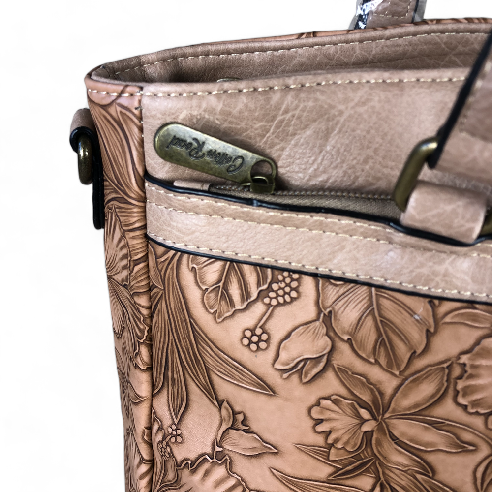 KHAKI PU Leather Cotton Road Handbag with EMBOSSED FLOWERS zoom