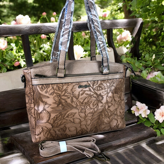 KHAKI PU Leather Cotton Road Handbag with EMBOSSED FLOWERS
