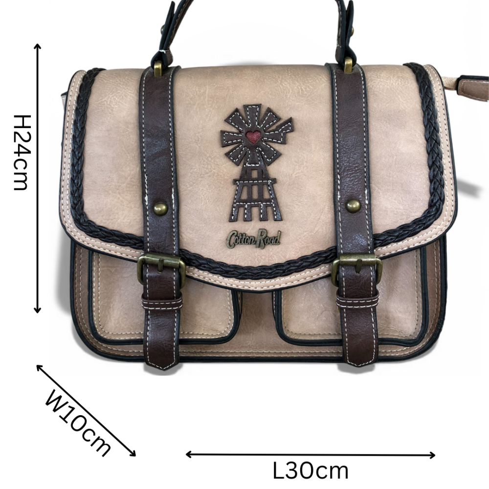 Cotton Roaf=d Khaki handbag with windmill detailing with dimensions. 