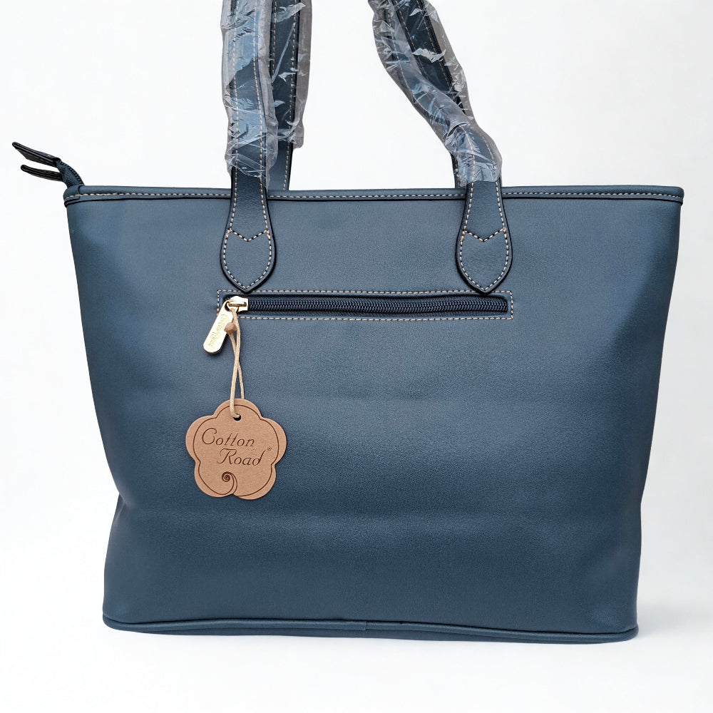 Cotton Road HandBag: LARGE BLUE FLORAL PU Leather Tote Bag with COUCHETTE BACK