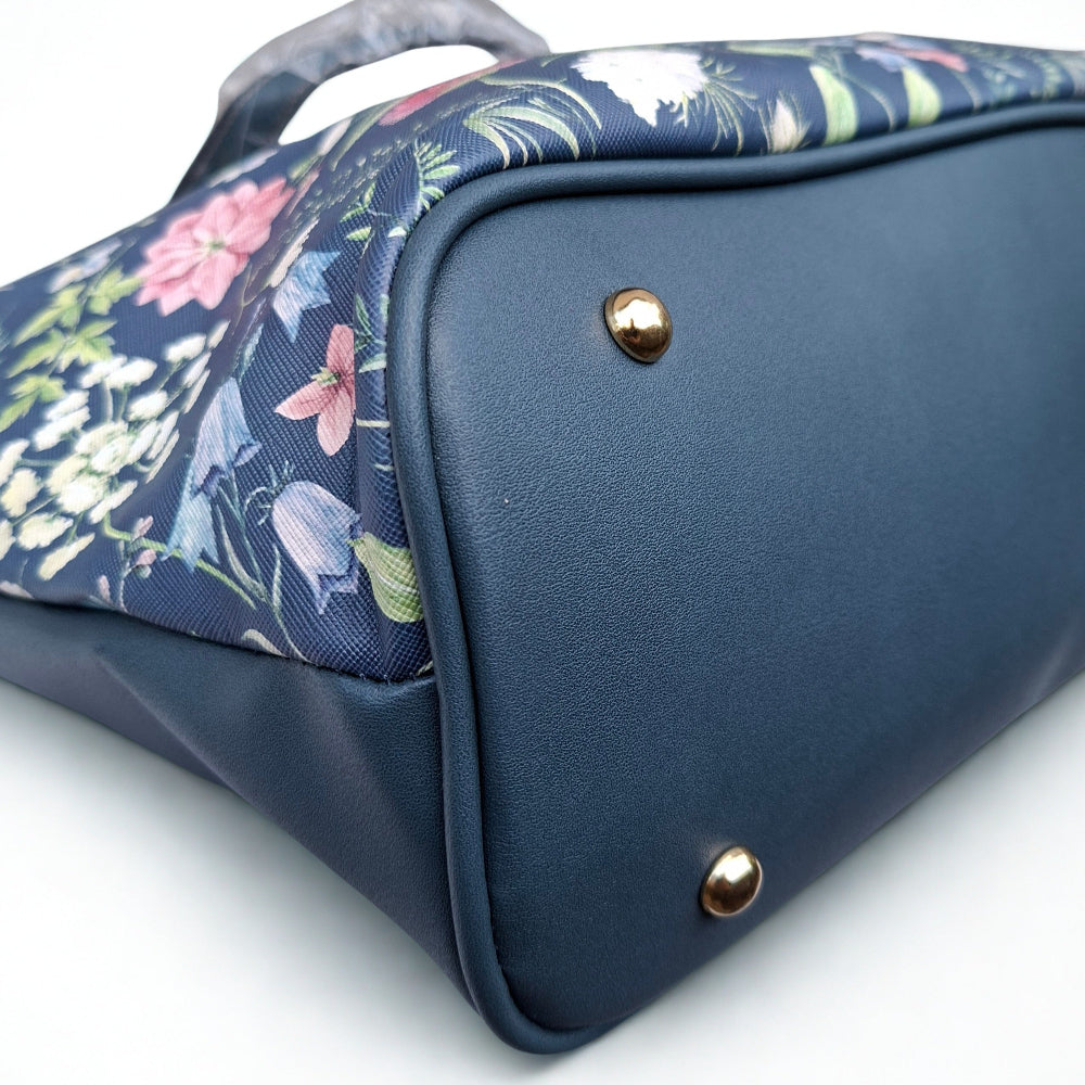 Cotton Road HandBag: LARGE BLUE FLORAL PU Leather Tote Bag with COUCHETTE BOTTOM FEET