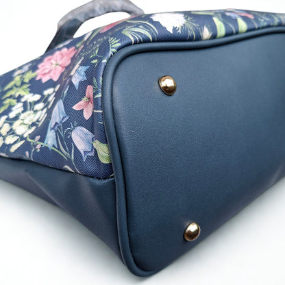 Cotton Road HandBag: LARGE BLUE FLORAL PU Leather Tote Bag with COUCHETTE BOTTOM FEET