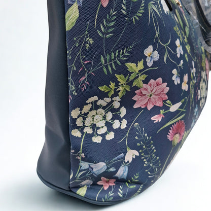 Cotton Road HandBag: LARGE BLUE FLORAL PU Leather Tote Bag with COUCHETTE CORNER
