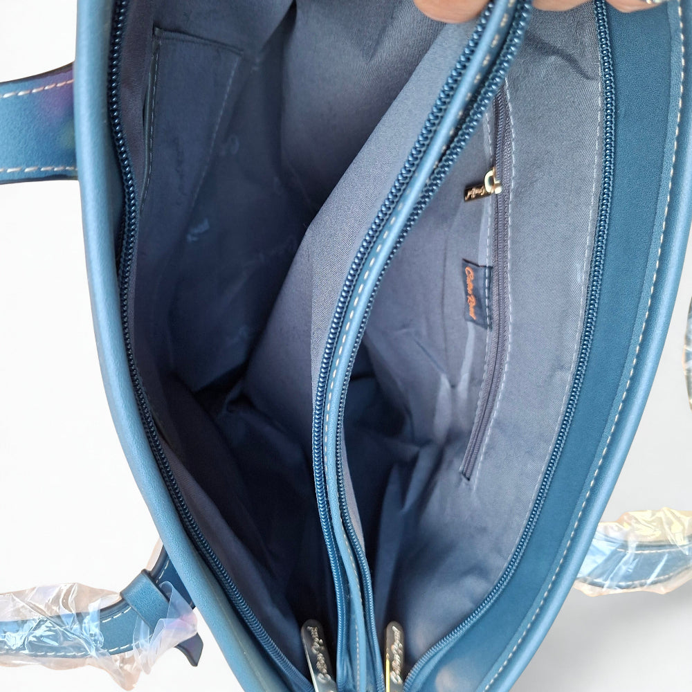 Cotton Road HandBag: LARGE BLUE FLORAL PU Leather Tote Bag with COUCHETTE OPEN