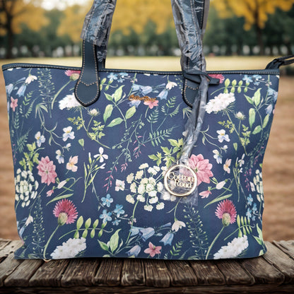 Cotton Road HandBag: LARGE BLUE FLORAL PU Leather Tote Bag with COUCHETTE