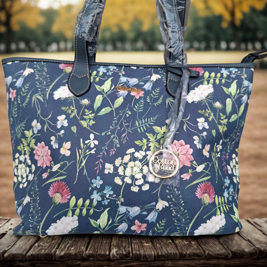 Cotton Road HandBag: LARGE BLUE FLORAL PU Leather Tote Bag with COUCHETTE