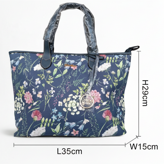 Cotton Road HandBag: LARGE BLUE FLORAL PU Leather Tote Bag with COUCHETTE SIZED