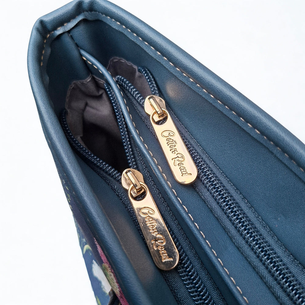 Cotton Road HandBag: LARGE BLUE FLORAL PU Leather Tote Bag with COUCHETTE TOP ZIPS